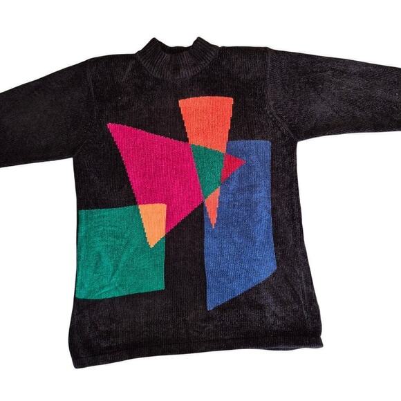 VTG Super 80s Richard & Co Black Acrylic Sweater w/ Color Block  Sz L - Picture 2 of 4